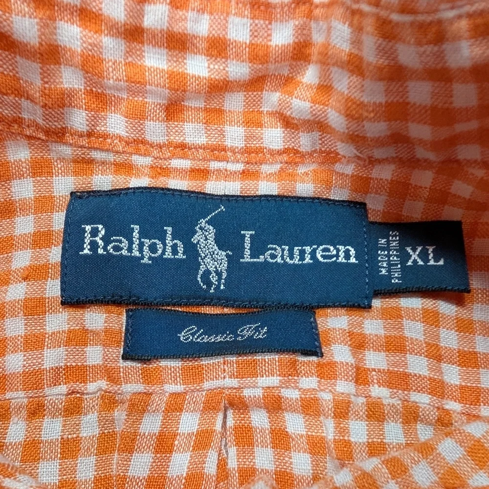 Ralph Lauren Shirt Mens XL Orange White Check Linen Button Up Short Sleeve